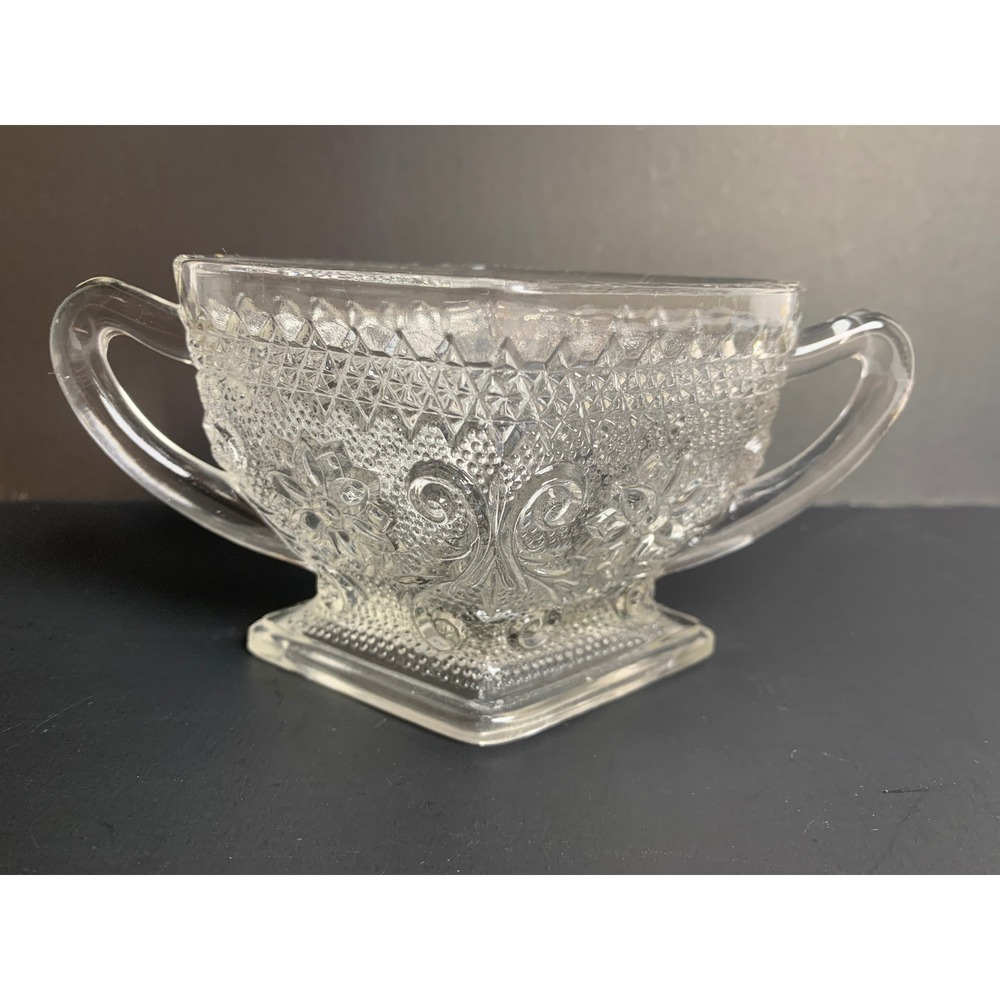 Vintage Clear Pressed Glass Sugar Bowl Diamond Point Floral Scroll Double Handle